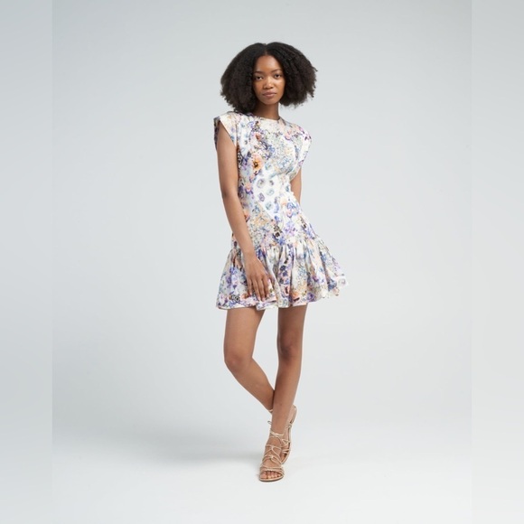 ZIMMERMANN 100% Linen Tama Flounce Short Dress in Diamond Splice Print 0 NWT - Picture 2 of 11